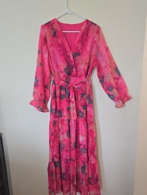 Women’s Pink Watercolor Wrap Maxi Dress